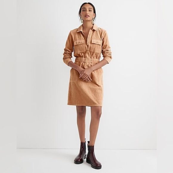 J Crew Zip Front Cinch Corduroy Tan Textured Long Sleeve Dress Size 24 - Picture 2 of 7